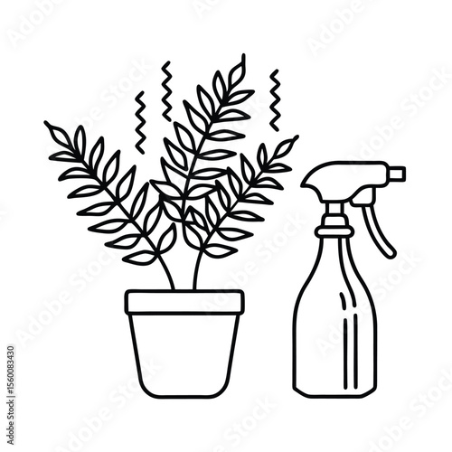Misting spray bottle releasing droplets above seedling Vector illustration