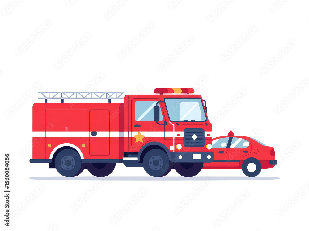 a simple flat 2d icon of a 'fire truck' responding to a car crash, minimalist design, solid red and gray colors, clean sharp lines, no shadows, isolated on a plain white background a simple flat 2d icon of a 'fire truck' responding to a car crash, minimalist design, solid red and gray colors, clean sharp lines, no shadows, isolated on a plain white background