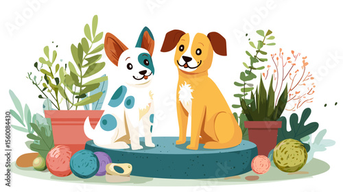 Two happy dogs sitting on pet bed surrounded by plants and toys, colorful vector illustration
