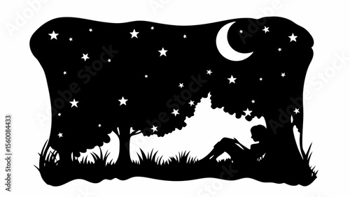 Silhouette of a person reading under a tree at night with stars and moon in the background design