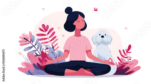 Woman meditating with fluffy dog sitting beside her surrounded by plants, colorful vector illustration
