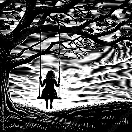 Black and white illustration of woman on tree swing silhouette peaceful nature scene vintage woodcut style art print design