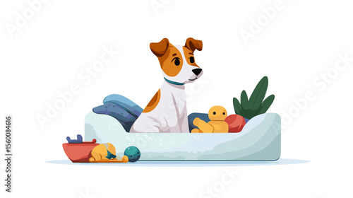Small dog lying on pet bed with toys, colorful vector illustration
