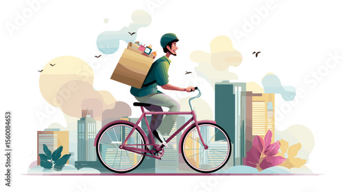 Delivery man riding bicycle through city with package, colorful vector illustration
