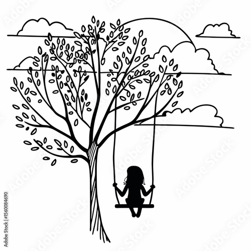 Child silhouette on tree swing vector illustration black and white line art drawing nature outdoor play childhood memories
