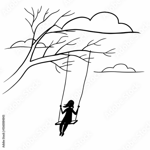 Child swinging on tree swing silhouette black and white minimalist line art drawing outdoor nature childhood memories concept