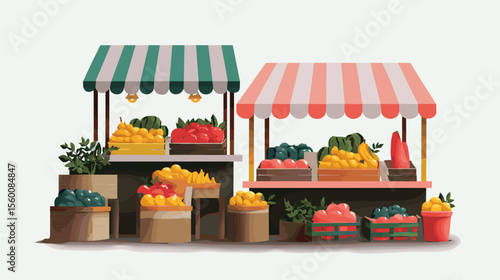 Colorful fruit and vegetable market stalls with produce baskets, colorful vector illustration
