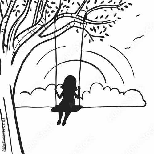 Child silhouette swinging under tree with umbrella in dreamy outdoor scene black and white line art illustration for kids