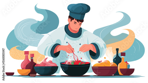 Chef preparing food with bowls and bottles of ingredients on counter, colorful vector illustration
