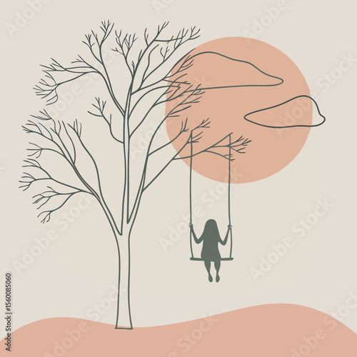 Minimalist line art illustration of person on tree swing with abstract geometric shapes in neutral earth tones background
