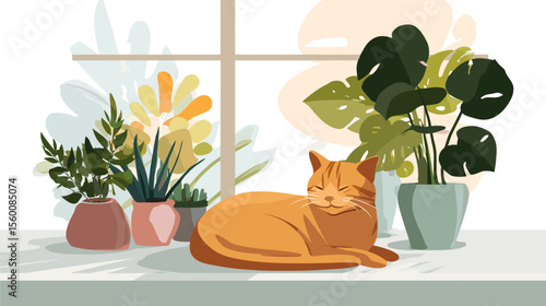Orange cat sleeping on windowsill near green houseplants, colorful vector illustration
