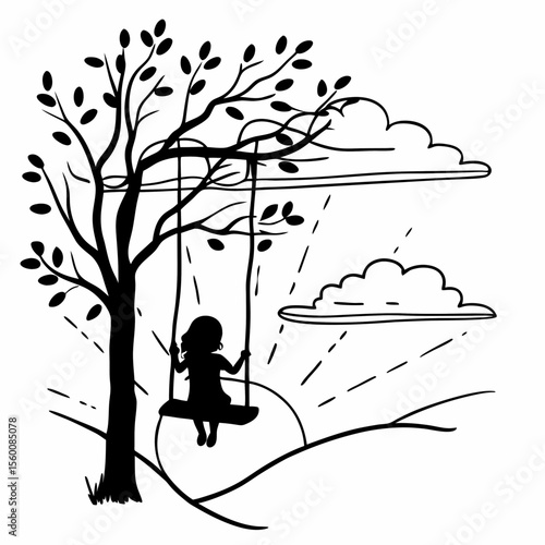 Child on tree swing silhouette illustration with clouds and nature landscape black and white simple drawing art vector design