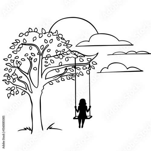 Child silhouette on tree swing outdoor nature scene black and white line art drawing vector illustration coloring book page