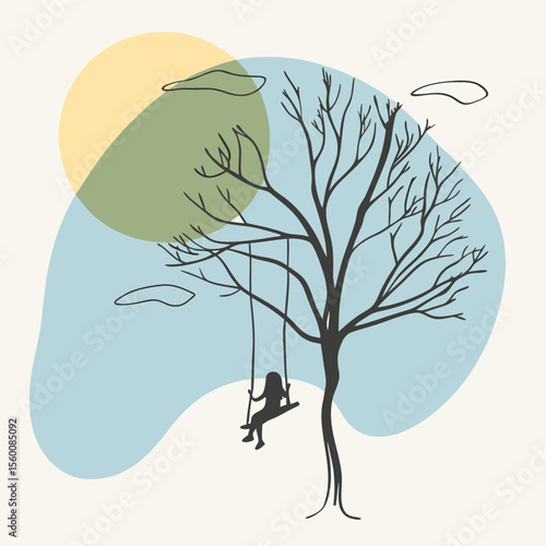 Child swinging on tree swing in minimalist vector illustration with colorful abstract shapes and sun in background