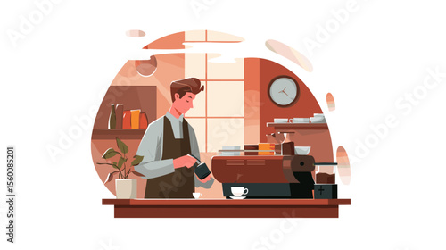 Barista using espresso machine to prepare coffee at counter, colorful vector illustration
