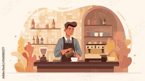 Barista preparing coffee at counter in cozy café interior, colorful vector illustration
