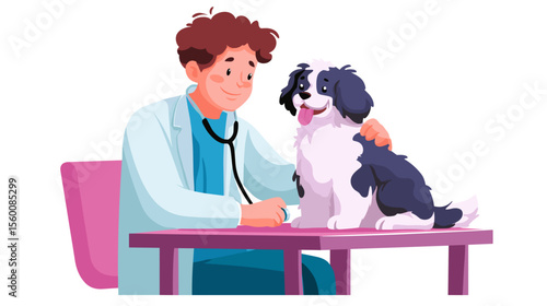 Veterinarian examining happy dog during consultation, colorful vector illustration
