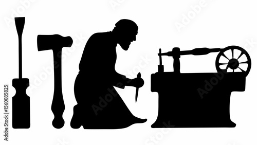 Silhouette of a craftsman working with tools including a lathe hammer and chisel on a white background