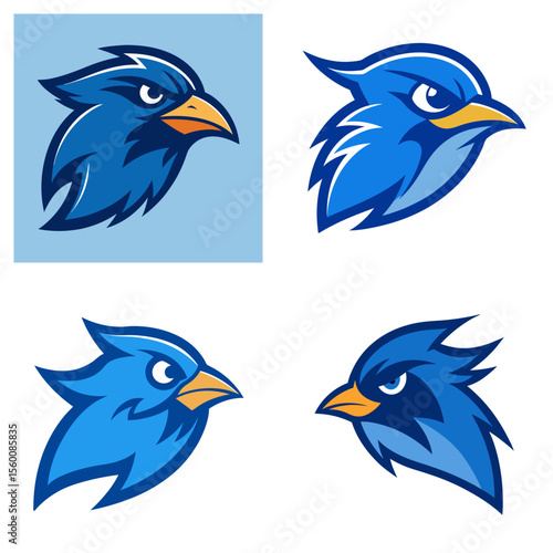 Illustration showing four blue bird head logos with sharp features and determined expressions arranged nicely