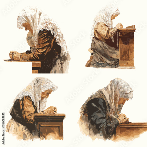 Elderly woman in traditional veil praying at a pew, captured in a peaceful moment of devotion, perfect for spirituality, religion, and vintage lifestyle themes.

