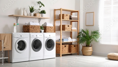 Organized Laundry Room With Modern Appliances And Plants