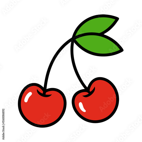 Wallpaper Mural Simple illustration of two bright red cherries with green leaves on a black background Torontodigital.ca