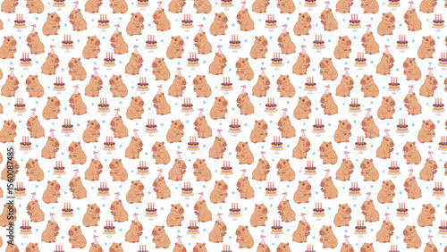 Seamless pattern featuring capybaras with party hats and birthday cakes on a white background design