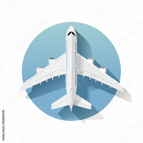 Top-down view of a white airplane with four engines, casting a shadow on a blue circle background.