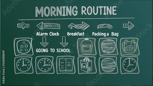 Illustration of a chalkboard with the word lunchtime and various food and drink related drawings around it