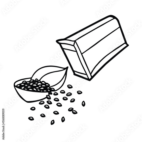 Seed envelope with contents scattered near planting row Vector illustration