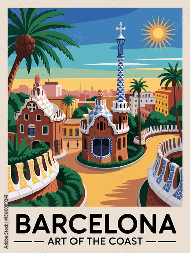 Vibrant Barcelona Travel Poster A Stylized Art Deco Design of the City's Coastal Charm