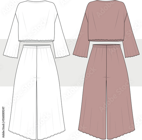 Women's relaxed fit home wear set,  pajama, sport wear fashion technical drawing, illustration. Lounge Wear Set Fashion Flat Templates, cad, mockup.