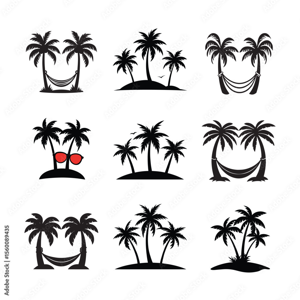 Fototapeta premium Tropical Palm Tree and Hammock Silhouette Vector Set, Island Paradise Vacation Icons for Beach Summer Design