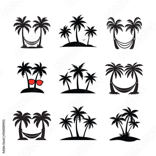 Tropical Palm Tree and Hammock Silhouette Vector Set, Island Paradise Vacation Icons for Beach Summer Design