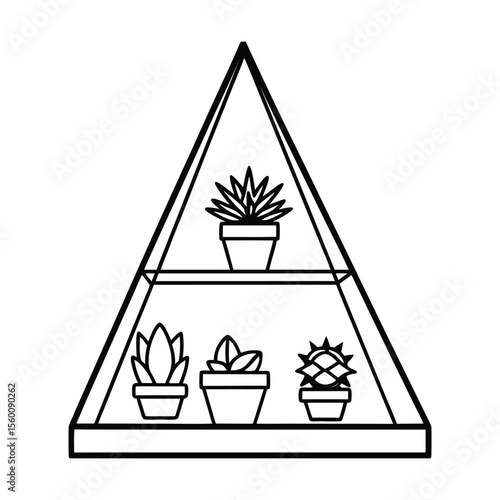 Succulents in triangle pots placed on sunny windowsill Vector illustration