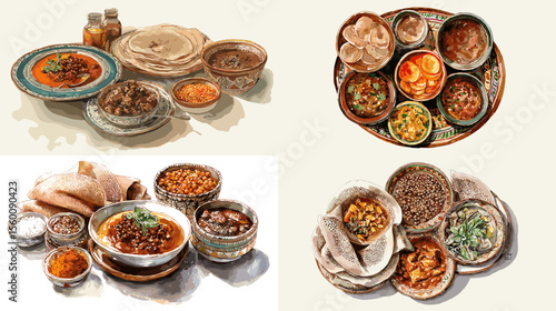 Traditional Middle Eastern and East African meals with injera, stew, flatbread, and lentils, ideal for cultural cuisine and ethnic food visuals.

