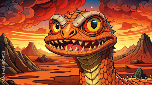 volcanic wasteland with a massive lava serpent erupting from the molten ground cartoon, surrounded by ash clouds and glowing magma