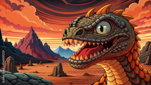 volcanic wasteland with a massive lava serpent erupting from the molten ground cartoon, surrounded by ash clouds and glowing magma