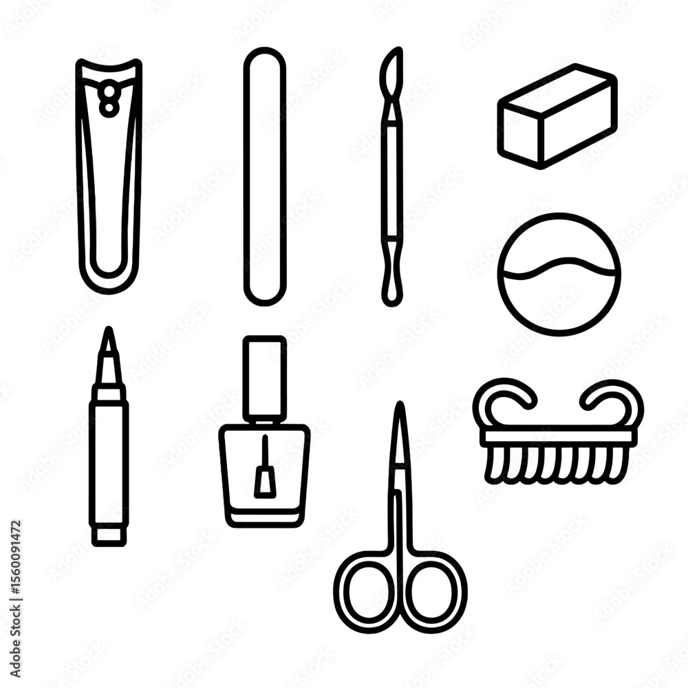 Fototapeta premium Nail Care Icons. Line style icons of Nail Care Collection: nail clipper, nail file board, cuticle pusher, buffer block, nail