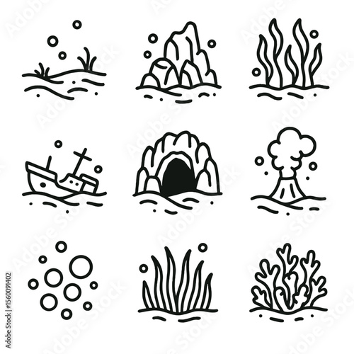 Underwater Line Icons. Line style icons of Underwater Landscapes: sandy seafloor, rock outcrop, kelp forest, sunken ship, cave