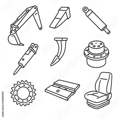 Excavation Machinery Icons. Line style icons of Excavation Machinery: excavator arm, bucket tooth, boom cylinder, hydraulic hammer