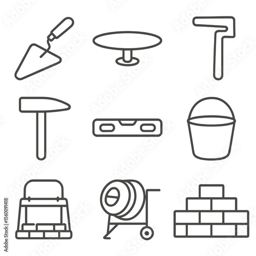 Masonry Tools Icons. Line style icons of Masonry and Bricklaying: brick trowel, mortar hawk, brick jointer, brick hammer, mason’s
