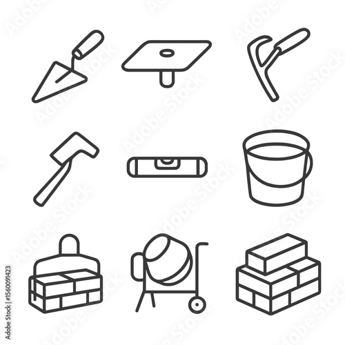 Masonry Tools Icons. Line style icons of Masonry and Bricklaying: brick trowel, mortar hawk, brick jointer, brick hammer, mason’s