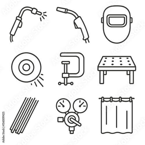 Welding Tools Icons. Line style icons of Welding and Metal Fabrication: welding torch, MIG gun, welding helmet, grinding disc,