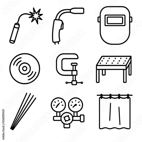Welding Tools Icons. Line style icons of Welding and Metal Fabrication: welding torch, MIG gun, welding helmet, grinding disc,