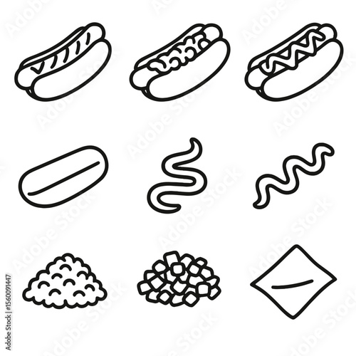 Hot Dog Stand Icons. Line style icons of Hot Dog Stand Offerings: bratwurst dog, chili dog, cheese dog, bun half, mustard swirl,