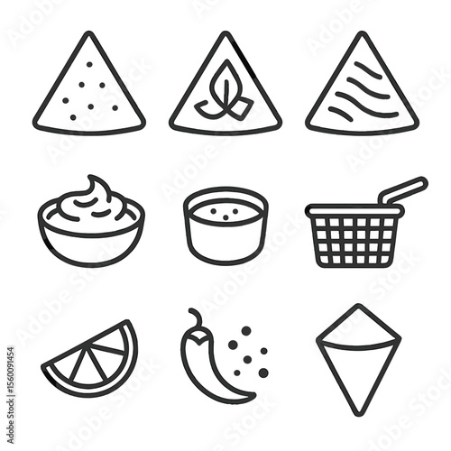 Samosa and Chutney Icons. Line style icons of Samosa and Chutney Cart: potato samosa, spinach samosa, paneer samosa, tamarind