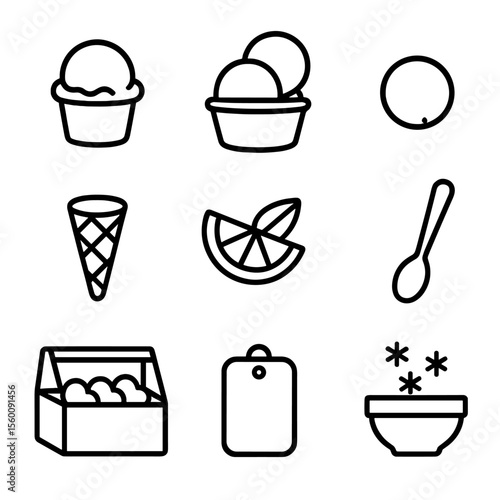 Line Style Desserts. Line style icons of Gelato and Sorbet Cups: single scoop gelato, double scoop cup, sorbet ball, waffle cone