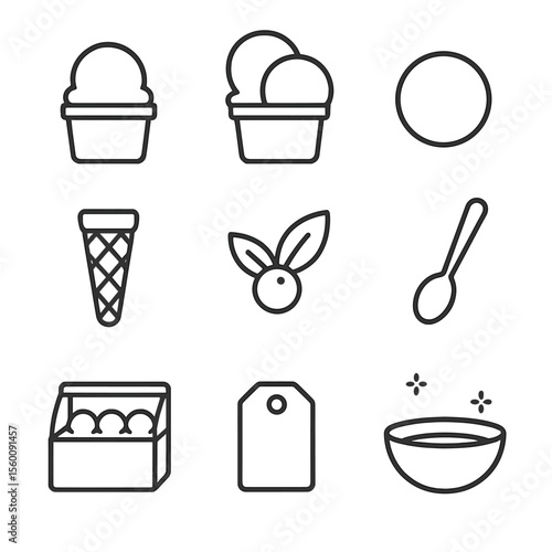 Line Style Desserts. Line style icons of Gelato and Sorbet Cups: single scoop gelato, double scoop cup, sorbet ball, waffle cone