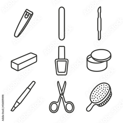 Nail Care Icons. Line style icons of Nail Care Collection: nail clipper, nail file board, cuticle pusher, buffer block, nail